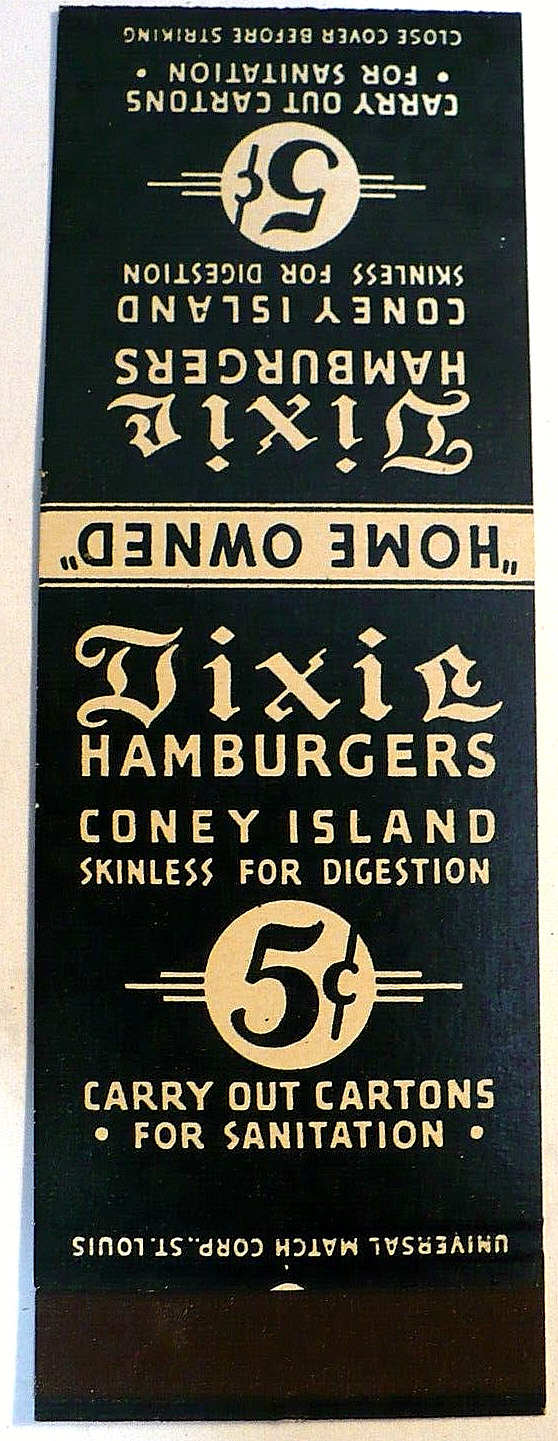 1940's 50'S DIXIE 5 CENT HAMBERGERS CONEY ISLAND MATCHCOVER FLAT 20 STRIKES