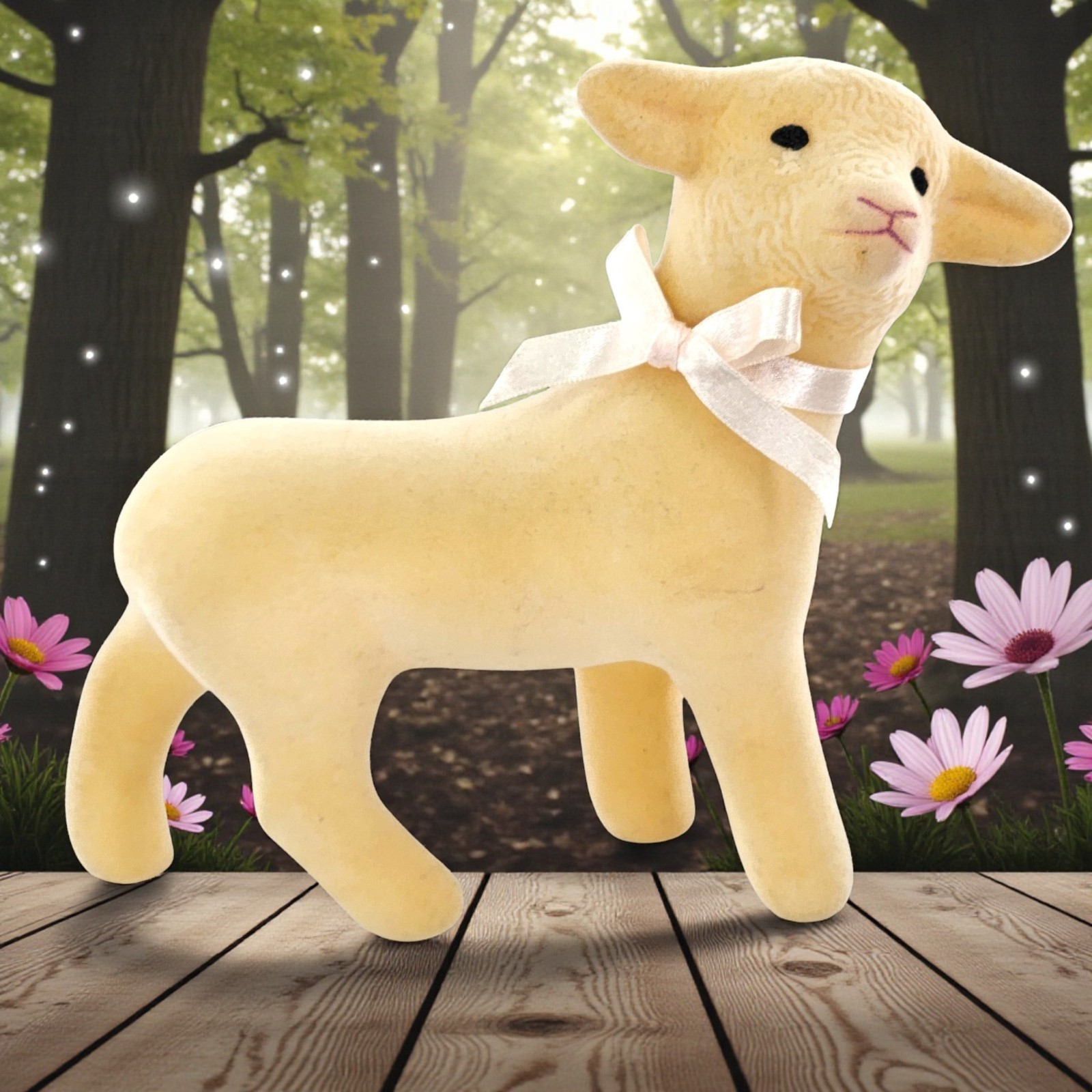 Vintage Flocked Lamb Sheep Figurine Fuzzy Blow Mold Soft Pink Bow MCM Nostalgic Vintage Flocked Lamb Sheep Figurine Fuzzy Blow Mold Soft Pink Bow MCM Nostalgic