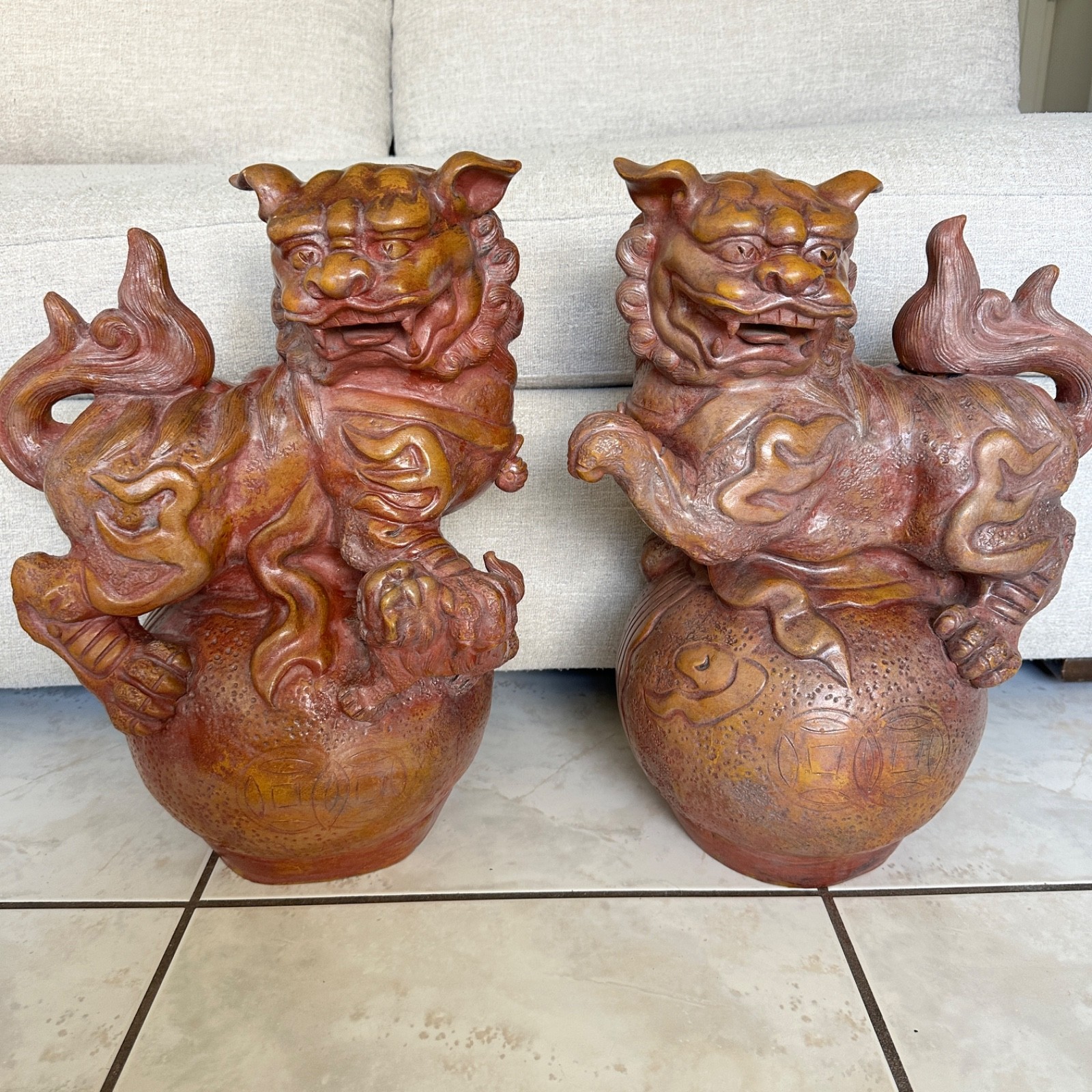 Pair Large 19" Terracotta Foo Dogs Chinese Guardian Lions Vintage Heavy Pair Large 19" Terracotta Foo Dogs Chinese Guardian Lions Vintage Heavy