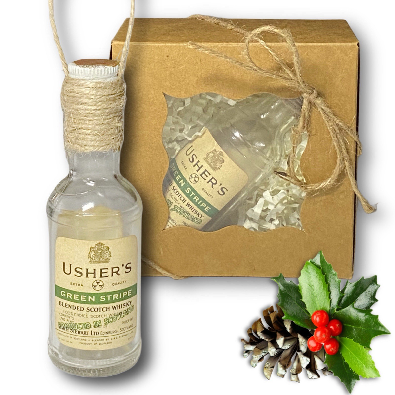 Usher's Green Stripe Blended Scotch Whisky Artisan Vintage Glass Bottle Ornament