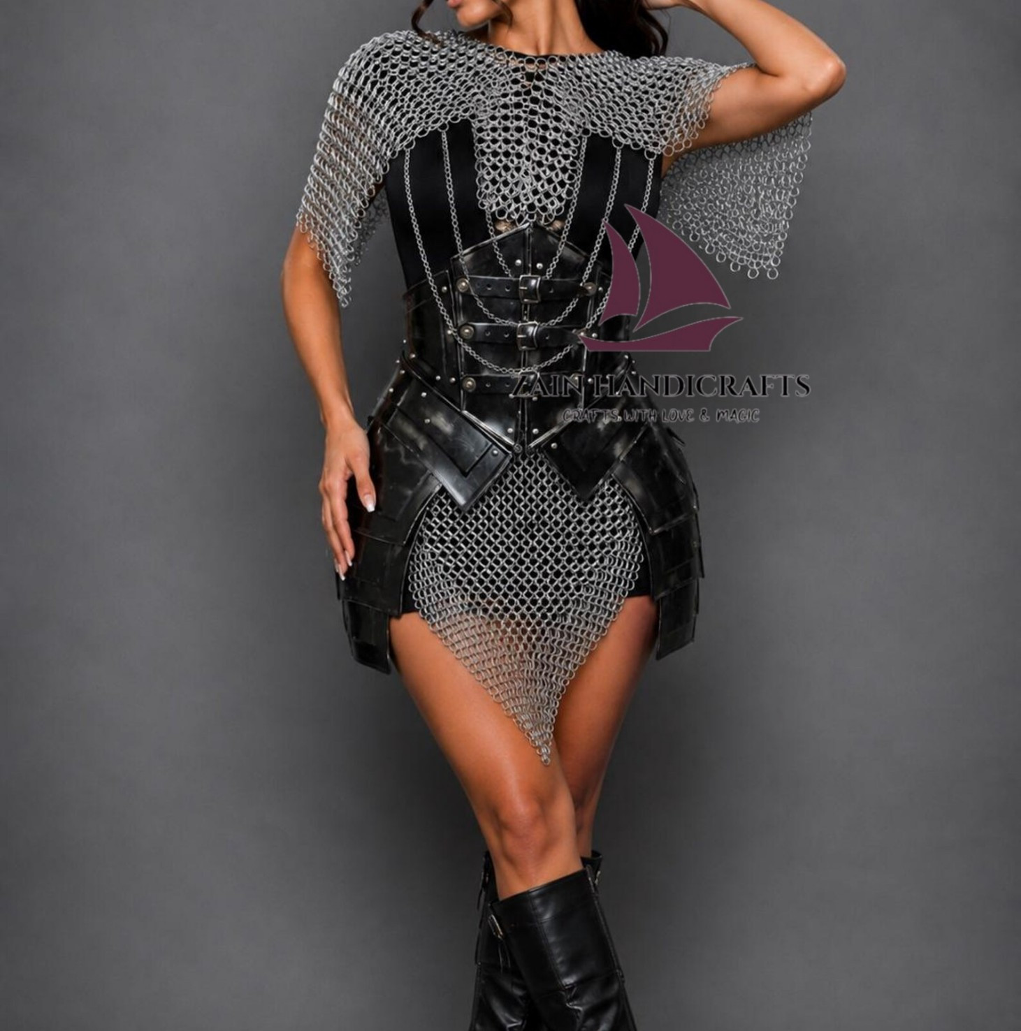 ZAIN Medieval Black Steel Corset, Chainmail Shoulder Armor Set Thanksgiving Gift