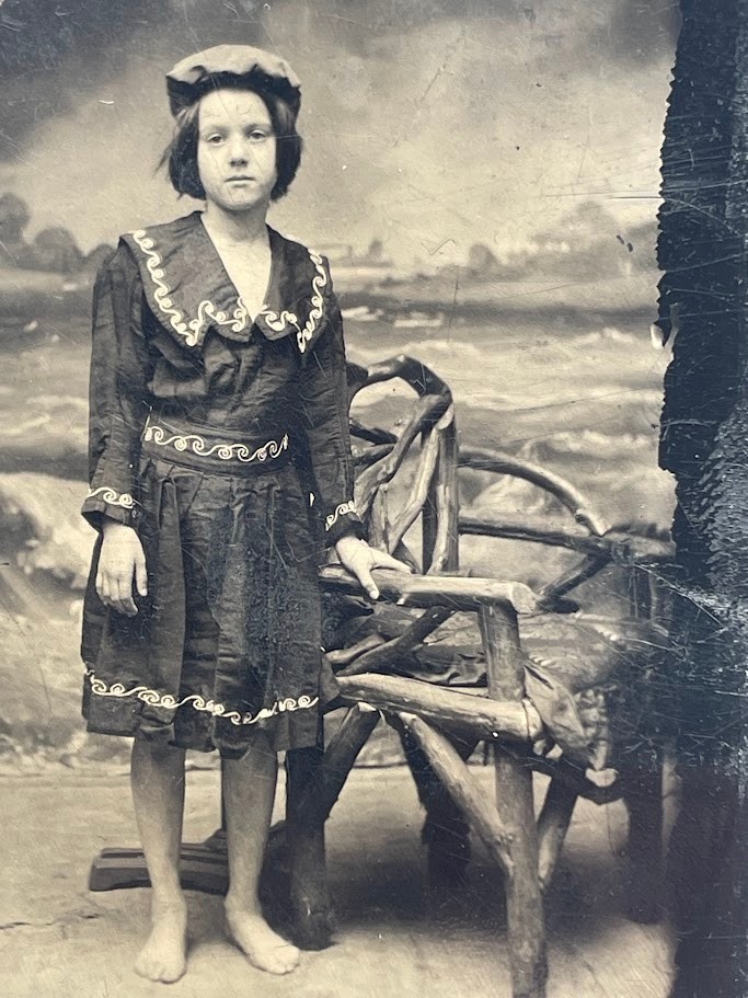 Rare C. 1870s Chocolate Tintype Child in Wrinkled Sailor Studio Prop, Barefoot Rare C. 1870s Chocolate Tintype Child in Wrinkled Sailor Studio Prop, Barefoot
