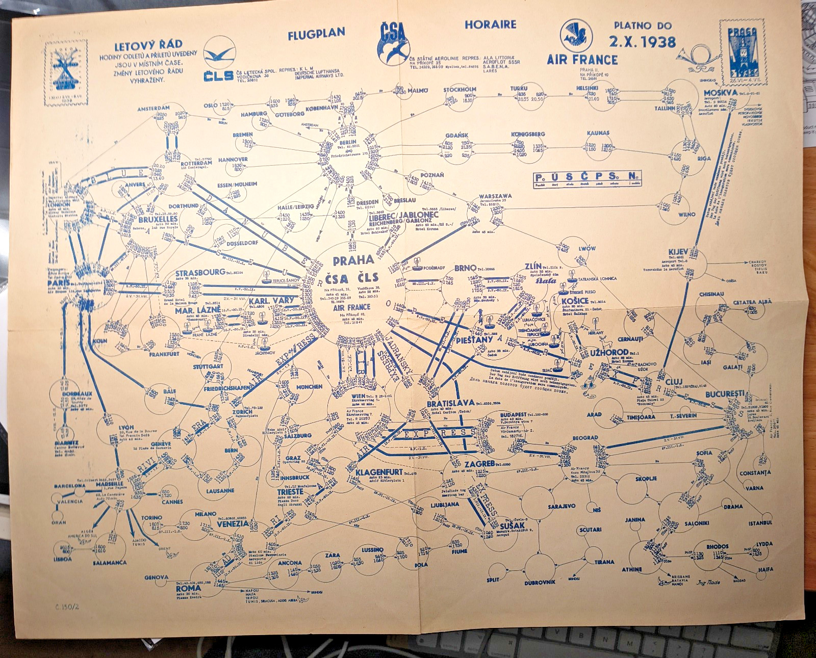 1938 CSA Czechoslovak Airline Route Map Air France KLM Lufthansa Europe Pre WWII 1938 CSA Czechoslovak Airline Route Map Air France KLM Lufthansa Europe Pre WWII
