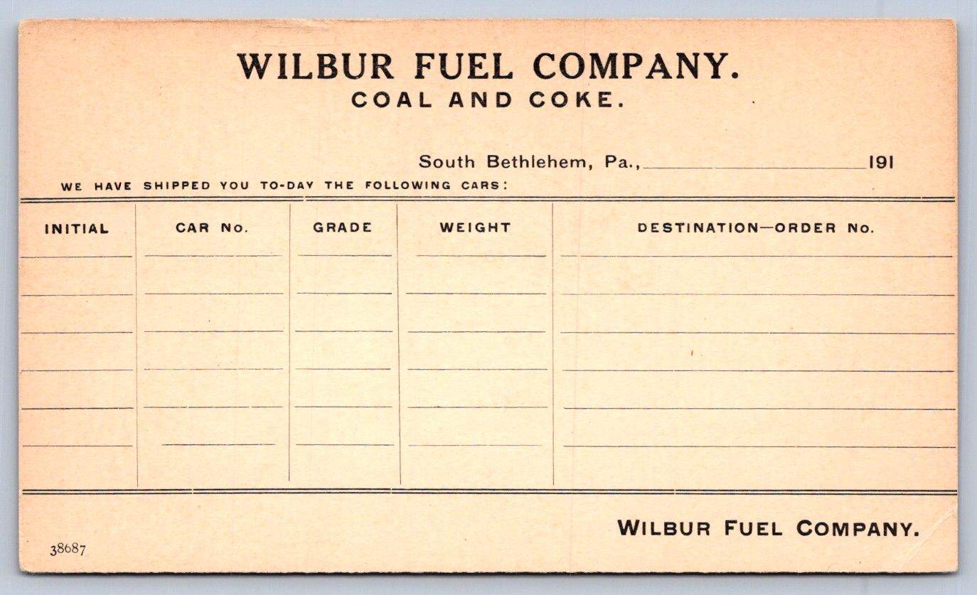 K67/ South Bethlehem Pennsylvania Postcard c1910 Wilbur Fuel Company 274 K67/ South Bethlehem Pennsylvania Postcard c1910 Wilbur Fuel Company 274