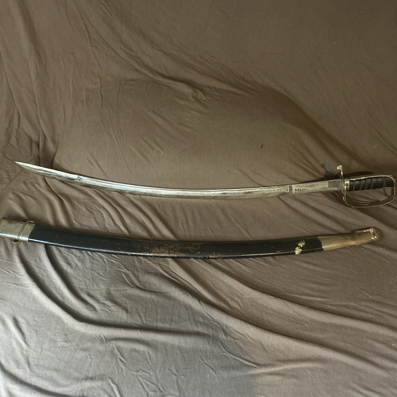 Vintage Indian Talwar Saber Sword Etched Blade Made in India with Scabbard, 35"L Vintage Indian Talwar Saber Sword Etched Blade Made in India with Scabbard, 35"L