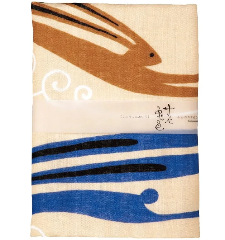 Japanese Tenugui Tapestry Cotton Hand Towel Rabbit Pattern with Flowing Waves Japanese Tenugui Tapestry Cotton Hand Towel Rabbit Pattern with Flowing Waves