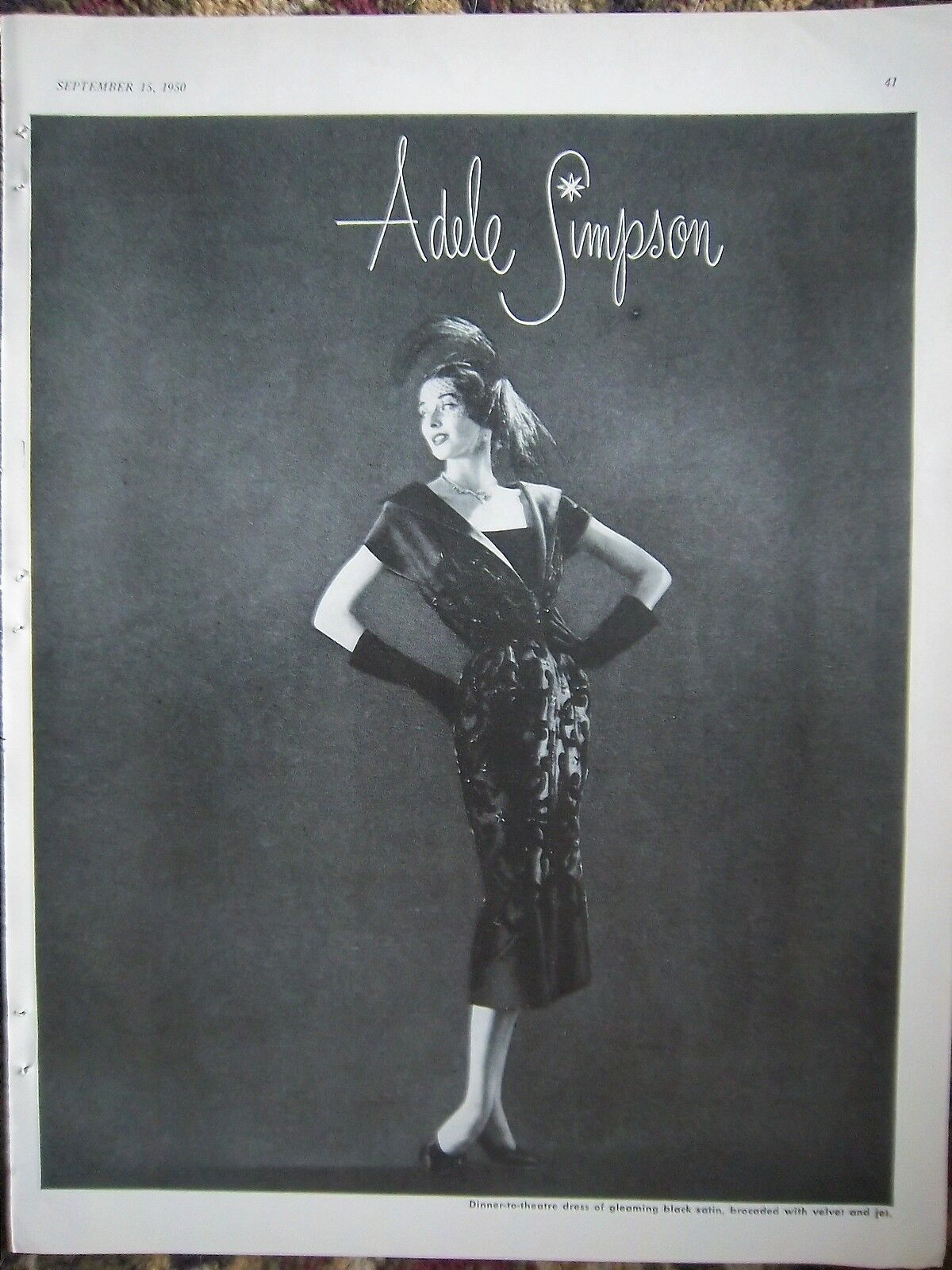 1950 Vintage ADELE SIMPSON Womens Black Dinner to Theatre Dress fashion Ad