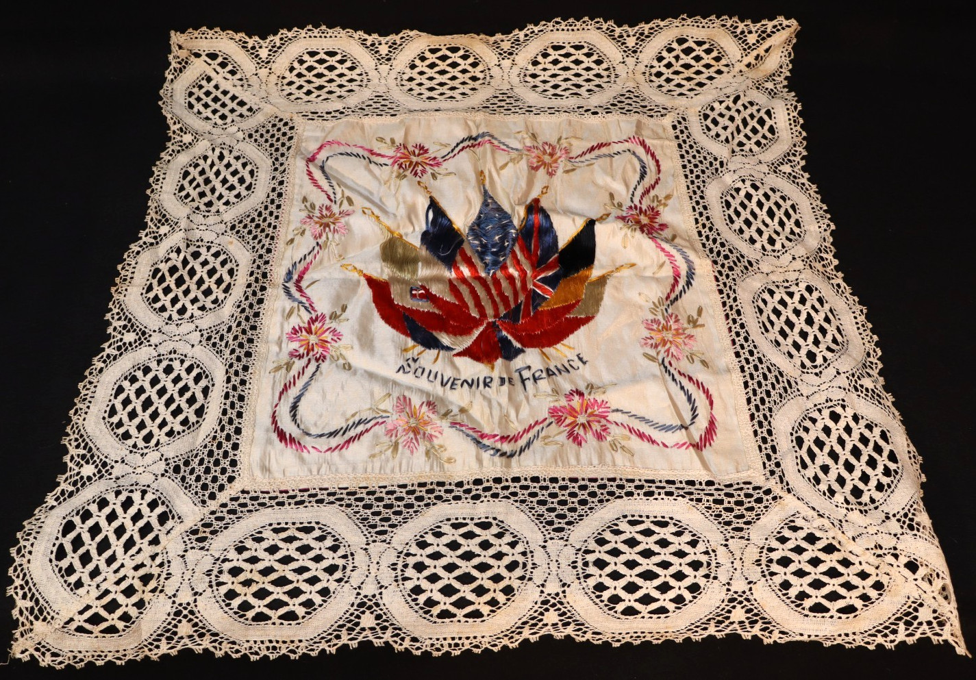WWI US Army Souvenir of France Large Crochet Embroidered with Allied Flags, Neat WWI US Army Souvenir of France Large Crochet Embroidered with Allied Flags, Neat