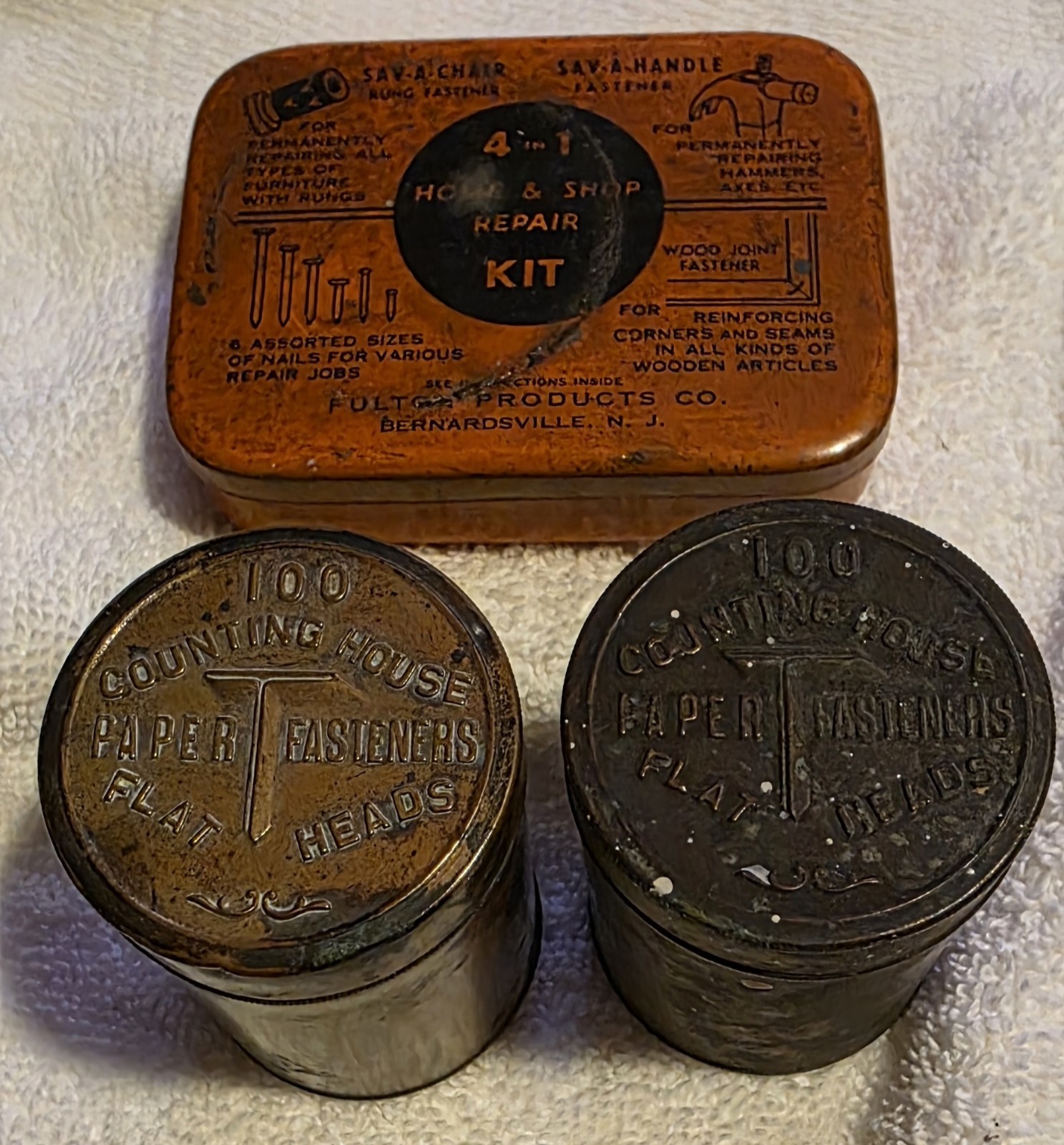 Vintage Antique Tin Lot - (2) Counting House Paper Fasteners & Fulton Repair Kit Vintage Antique Tin Lot - (2) Counting House Paper Fasteners & Fulton Repair Kit