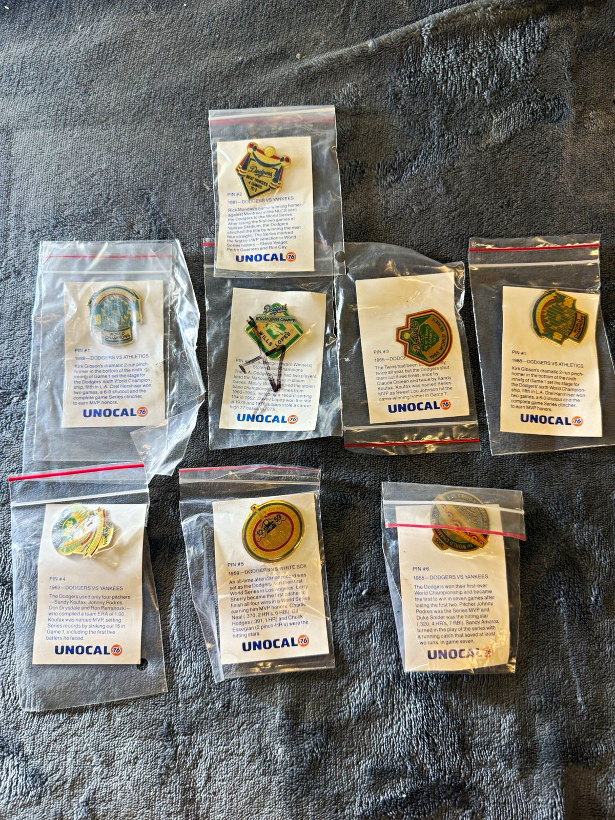 Vintage Unocal 76 LA Dodgers Pin Lot 8 World Series 1955-1988 W/ Cards Vintage Unocal 76 LA Dodgers Pin Lot 8 World Series 1955-1988 W/ Cards
