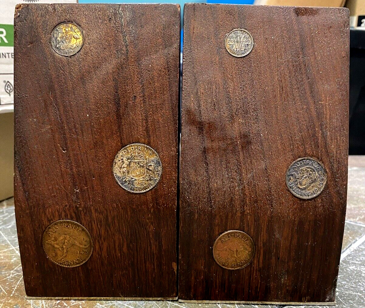 Vintage Pair of Handmade Australian Bookends with Inlaid 1940\'s Coins 7\
