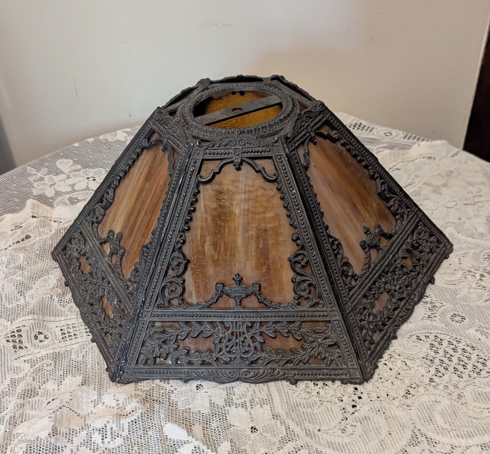 Antique Highly Ornate Metal Filigree Heavy Slag Glass Lamp Shade