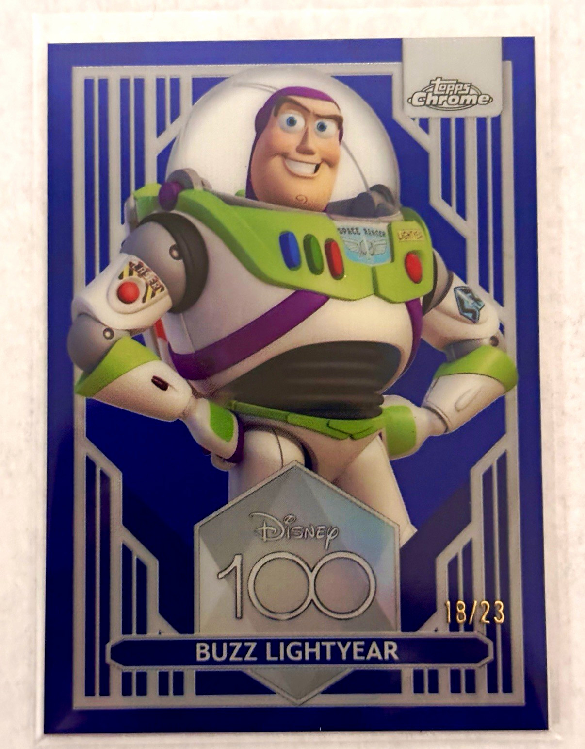 VERY RARE- 2023 Topps Chrome Disney 100 Buzz Lightyear #61 Serial Numbered 18/23