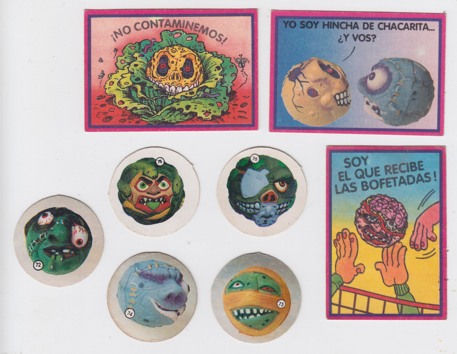 Madballs ~ 1990 Vintage Argentina 3 Stickers & 5 Trading Card Pog Discs Cromy Madballs ~ 1990 Vintage Argentina 3 Stickers & 5 Trading Card Pog Discs Cromy