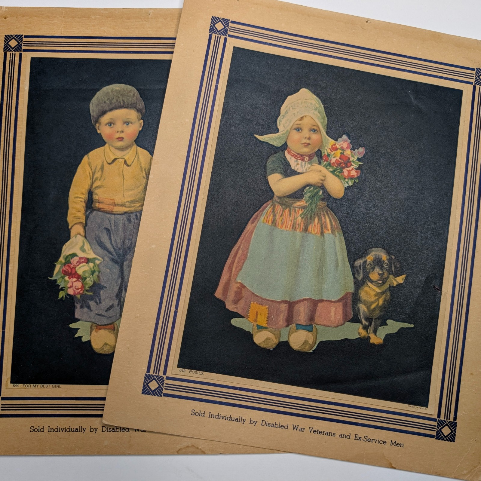 2 LOT 1944 Vtg Calendar Prints Disabled War Veterans Dutch Children Puppy Art