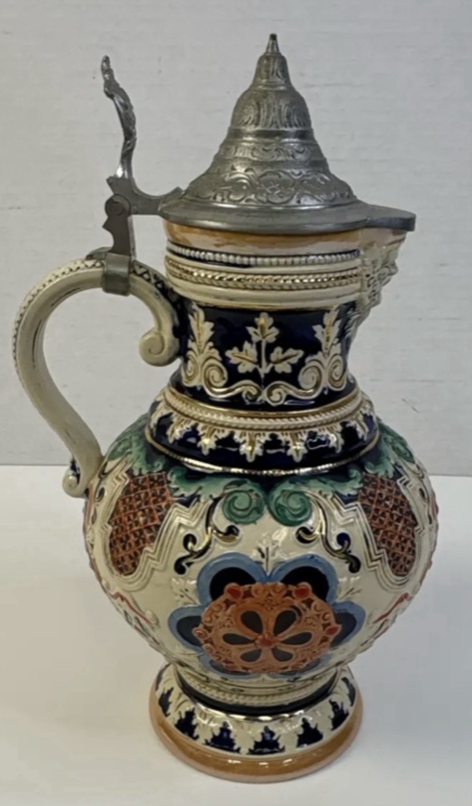 Antique German Garmisch Renaissance Revival Schenkkrug Pewter Lid Pitcher 14” Antique German Garmisch Renaissance Revival Schenkkrug Pewter Lid Pitcher 14”