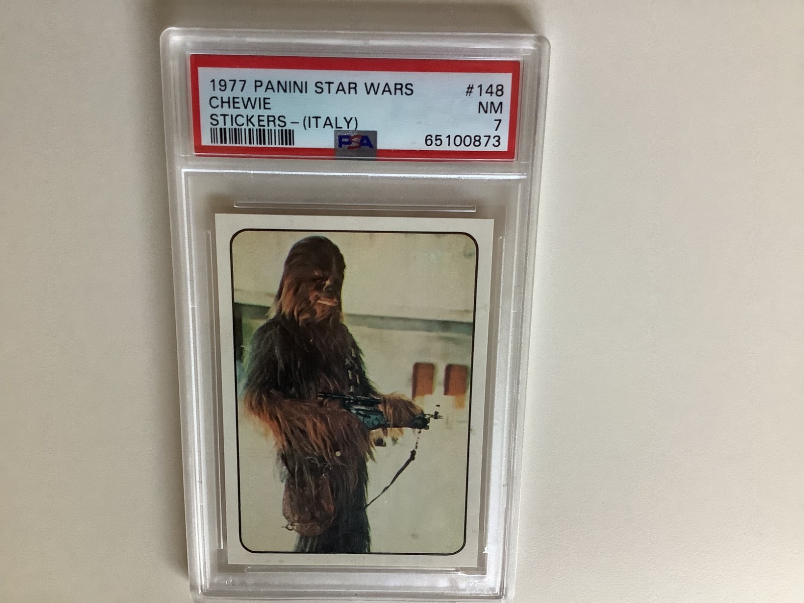 1977 STAR WARS PANINI CHEWIE CHEWBACCA ROOKIE CARD #148 PSA 7, POP 2 RARE ITALY 1977 STAR WARS PANINI CHEWIE CHEWBACCA ROOKIE CARD #148 PSA 7, POP 2 RARE ITALY