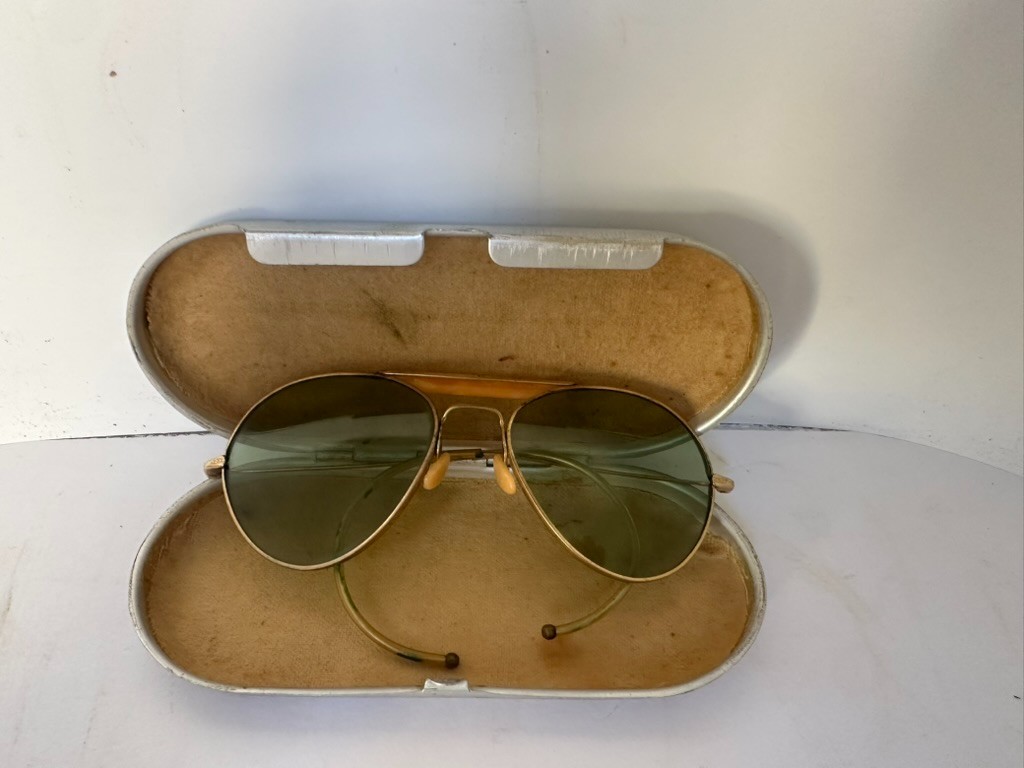 WWII Era AN-6531 Style Aviator Flight Glasses & Bausch & Lomb Aluminum Case WWII Era AN-6531 Style Aviator Flight Glasses & Bausch & Lomb Aluminum Case