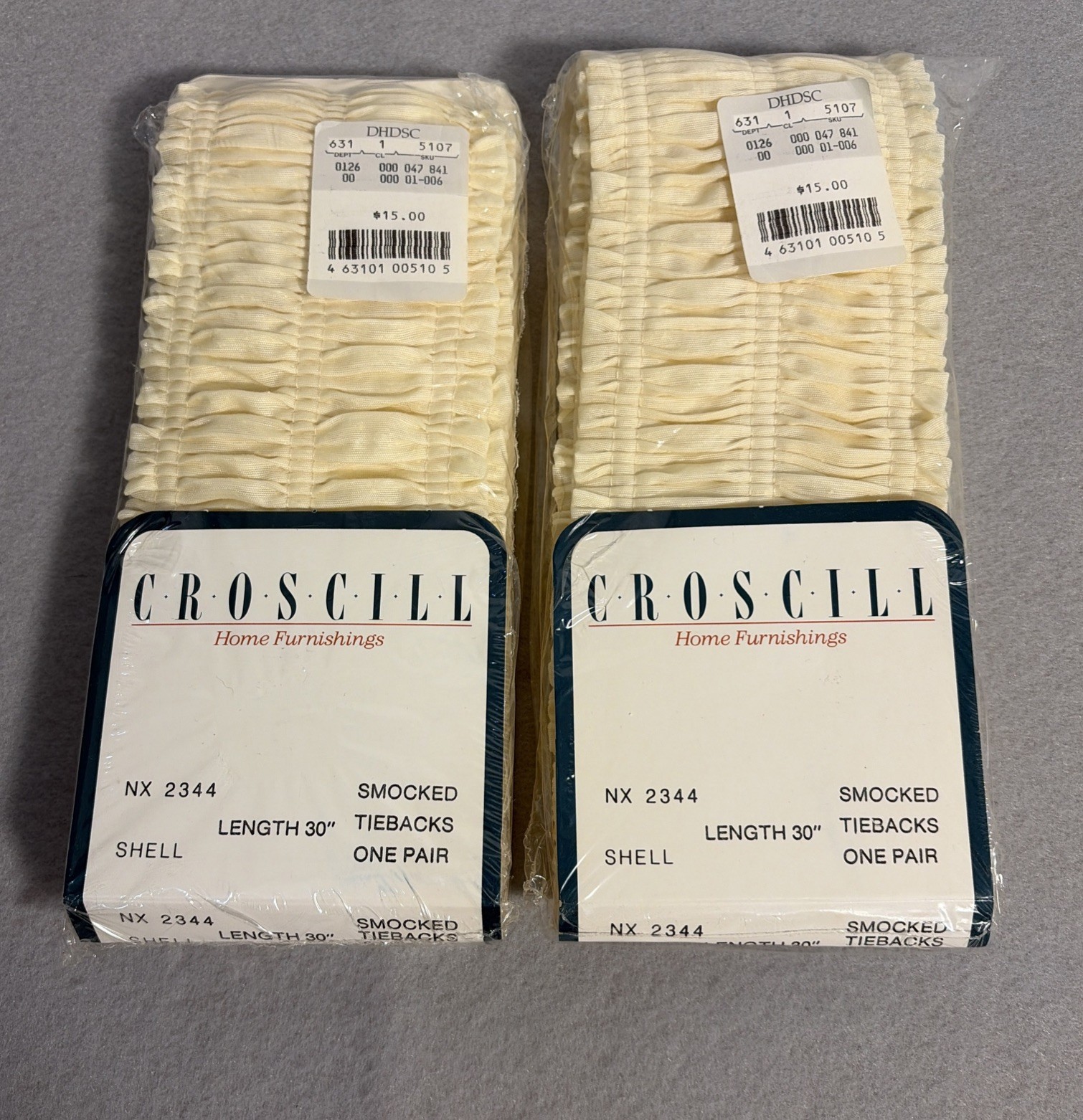 NEW 2 SETS PAIRS CROSCILL SMOCKED DRAPERY DRAPES TIEBACKS LENGTH 30" SHELL COLOR NEW 2 SETS PAIRS CROSCILL SMOCKED DRAPERY DRAPES TIEBACKS LENGTH 30" SHELL COLOR