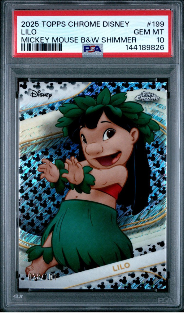 Topps 2025 Topps Chrome Disney Lilo #199 Mickey Mouse B&W Shimmer /101 PSA 10 Topps 2025 Topps Chrome Disney Lilo #199 Mickey Mouse B&W Shimmer /101 PSA 10