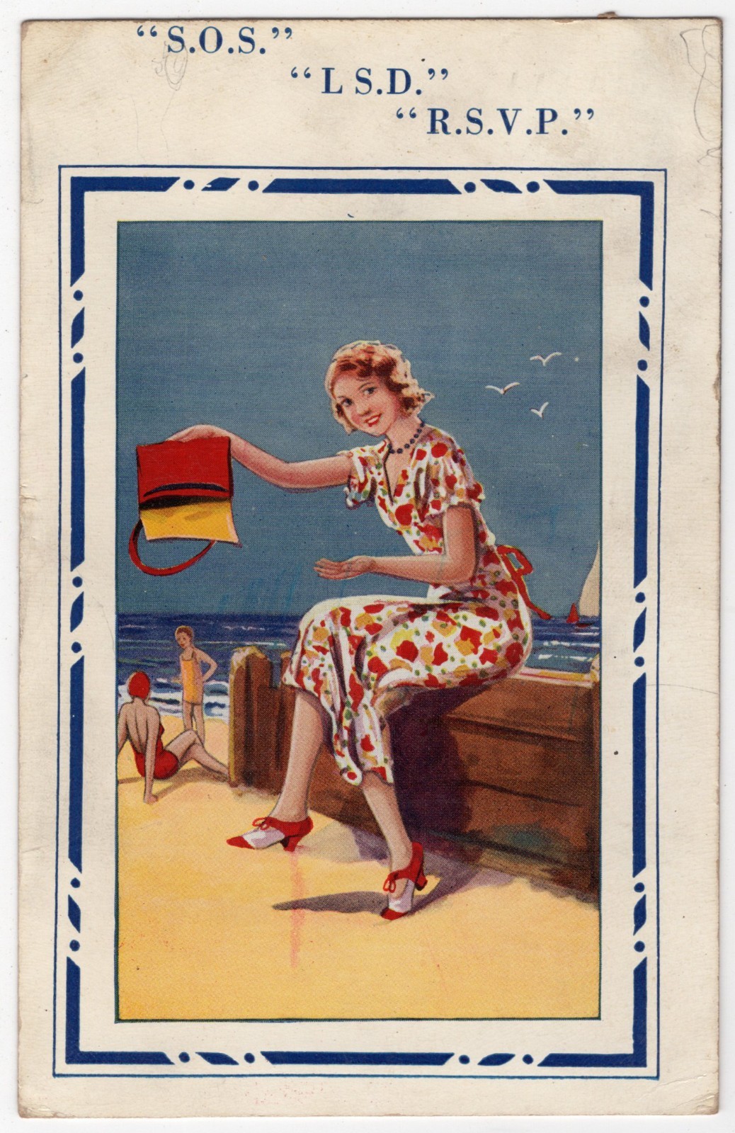 Antique 1936 Comic Beach Holiday Lady Handbag Postcard S.O.S. LSD R.S.V.P. Antique 1936 Comic Beach Holiday Lady Handbag Postcard S.O.S. LSD R.S.V.P.