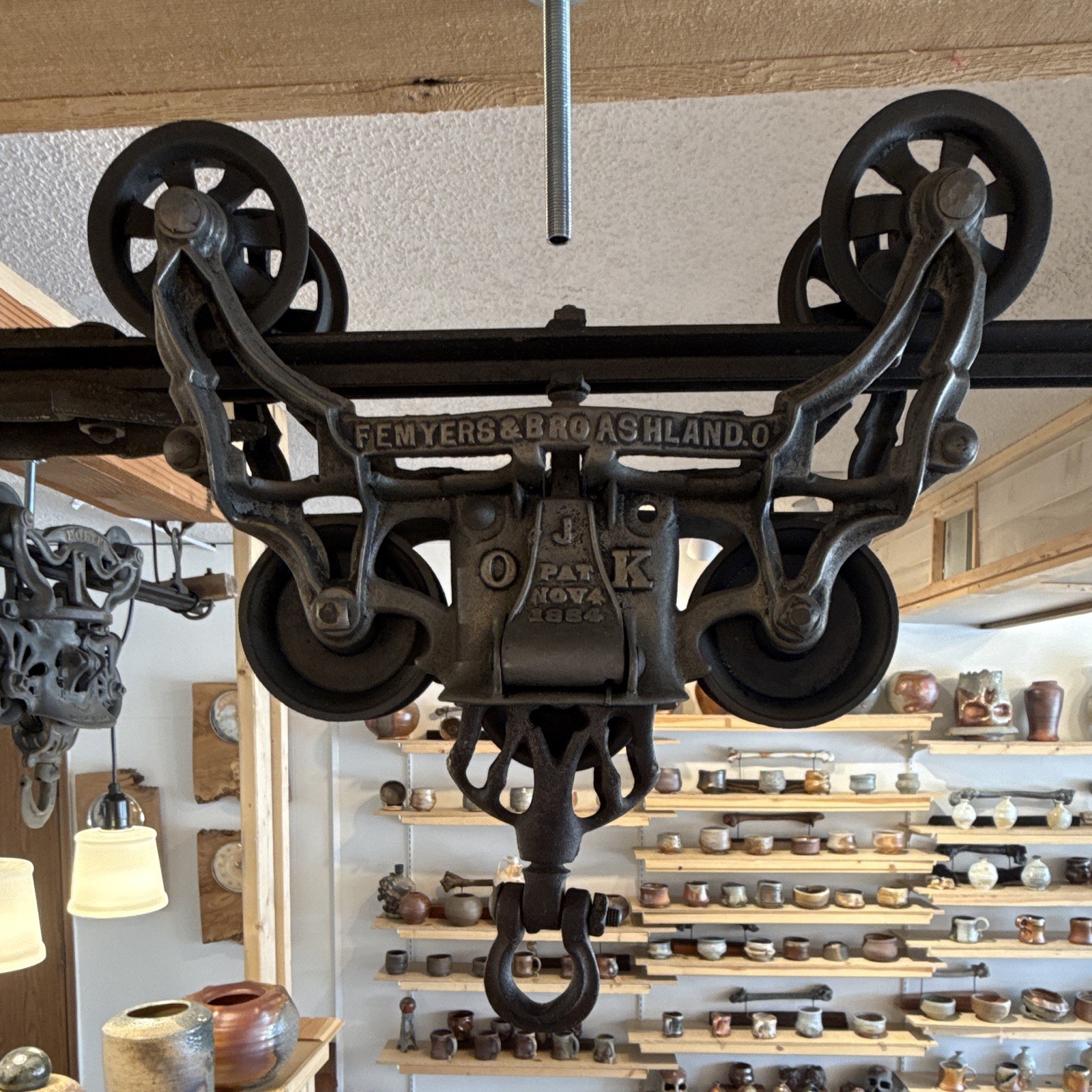 F. E. Myers & Bro. Vintage Barn Hay Trolley Drop Pulley release hangers & track F. E. Myers & Bro. Vintage Barn Hay Trolley Drop Pulley release hangers & track