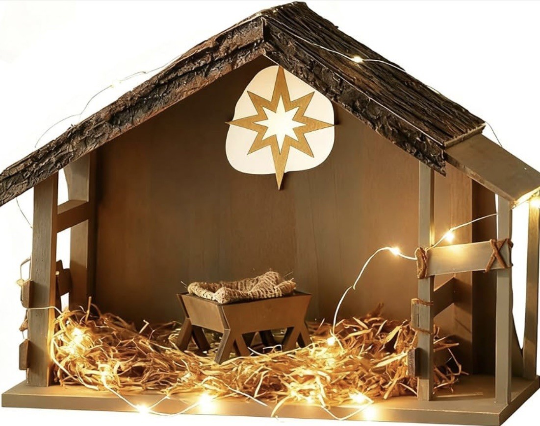 15.6” LED Lighted Wooden Nativity Stable Christmas Manger Scene 8” Figures