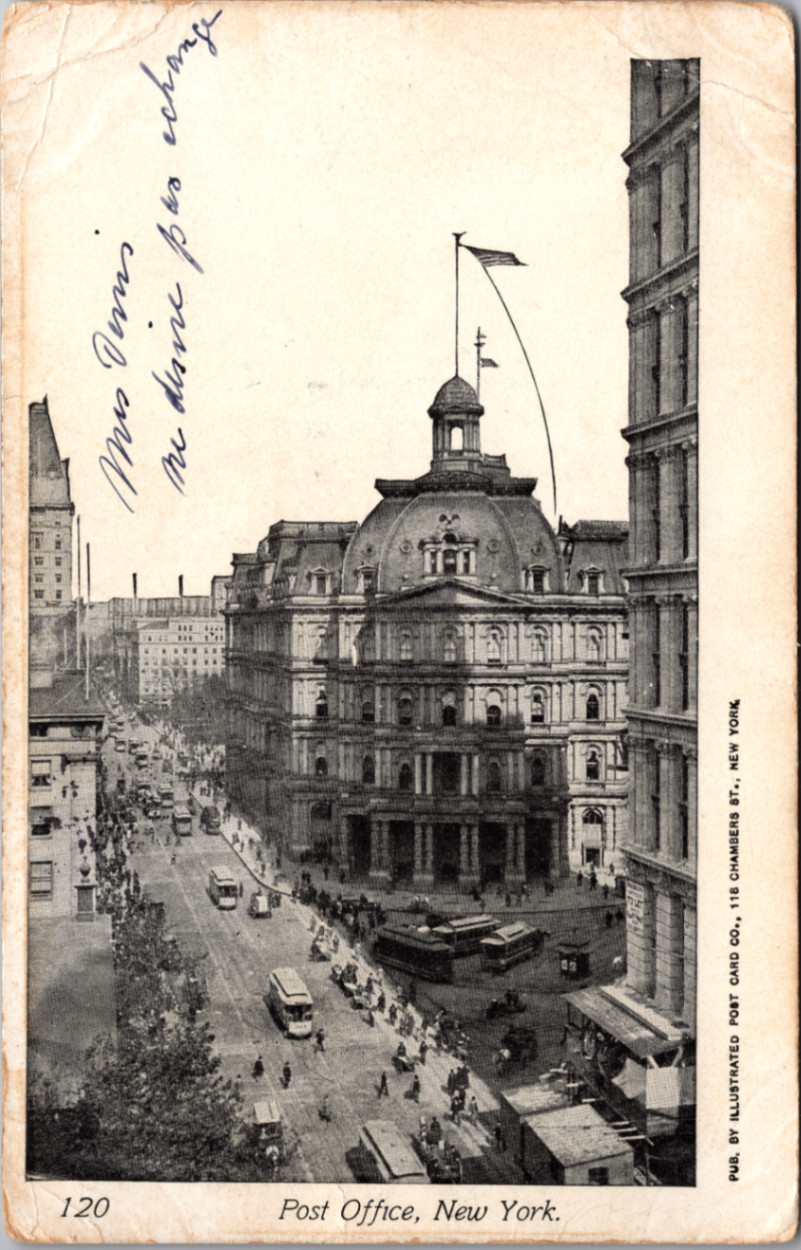 1905 New York City Post Office Building Street Scene Postcard, Posted France 1905 New York City Post Office Building Street Scene Postcard, Posted France