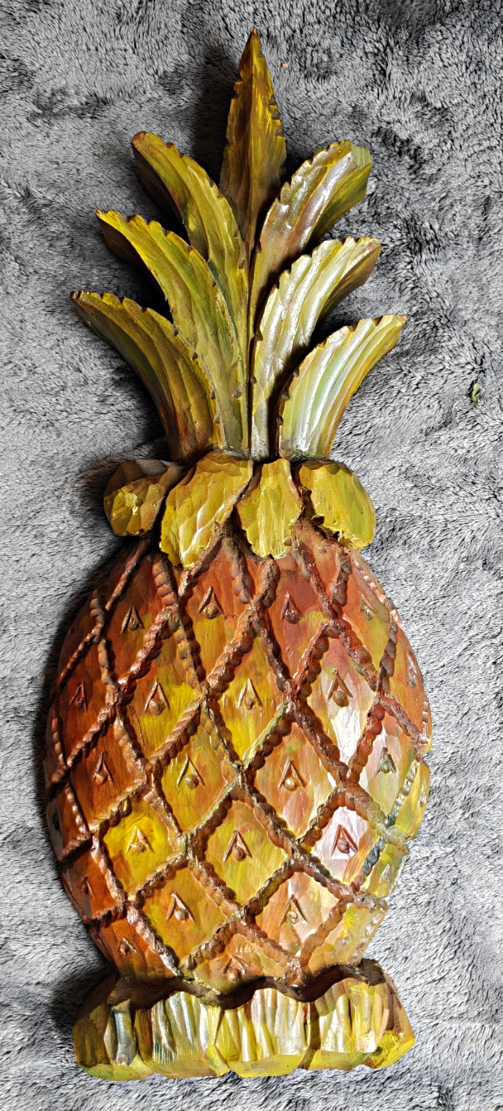 Vintage Hand Carved Painted Wood Pineapplel 20" Wall Hanging Folk Art
