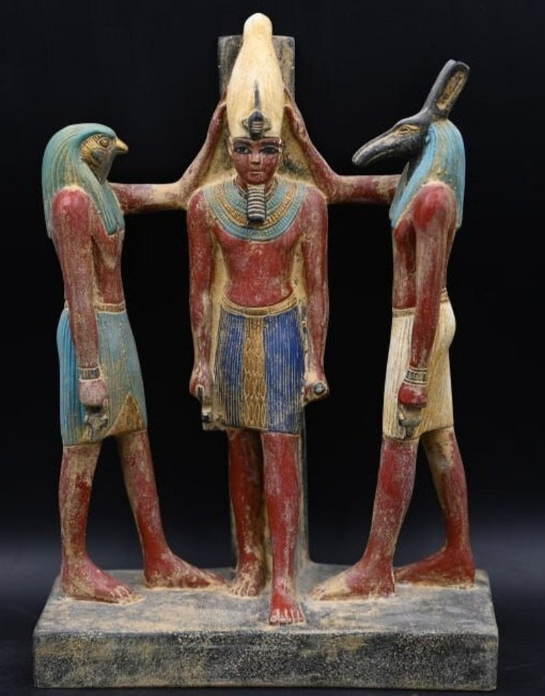 Authentic Egyptian Antique King RamessesIII with Horus & Seth Statue Figurine BC Authentic Egyptian Antique King RamessesIII with Horus & Seth Statue Figurine BC