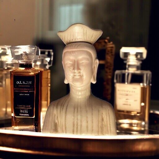 Vintage Neiman Marcus Asian Buddha Perfume Bottle & Lid Rare 4” Figural Man Hat