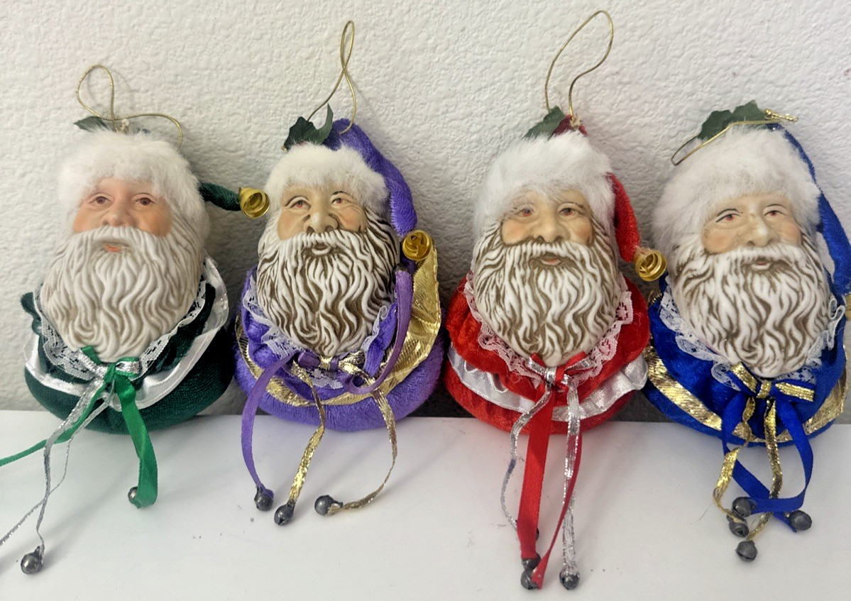 Vintage Porcelain Face Santa Head Velvet Ball Ornaments Lot 4 Christmas Jingle Vintage Porcelain Face Santa Head Velvet Ball Ornaments Lot 4 Christmas Jingle