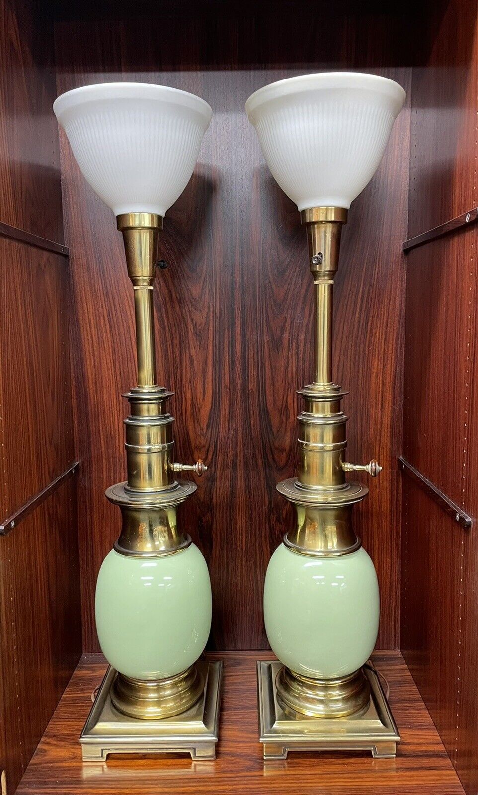Pair of STIFFEL Green Ceramic & Brass Ostrich Egg Lamps