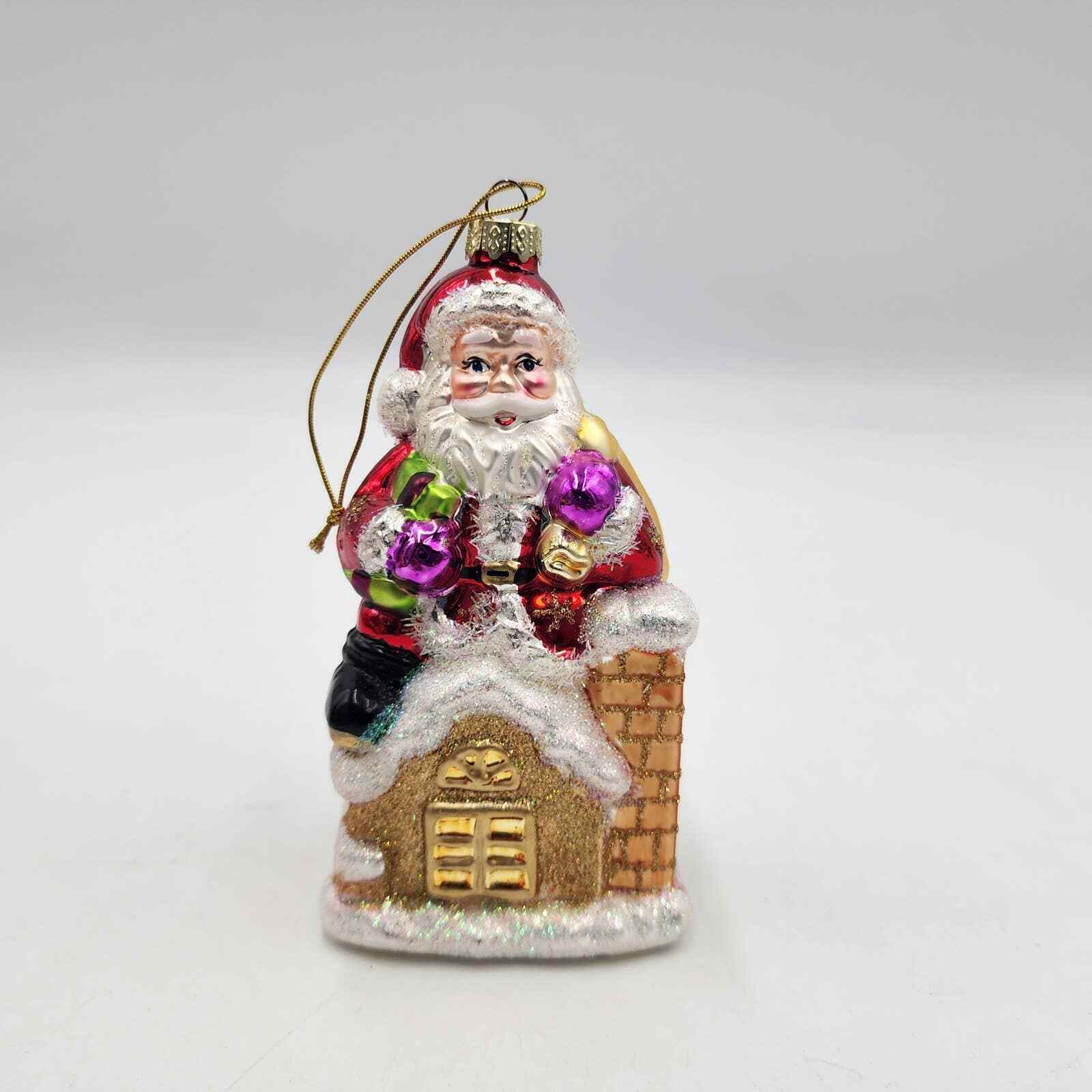 Vintage Blown Glass Santa On The Roof Christmas Ornament