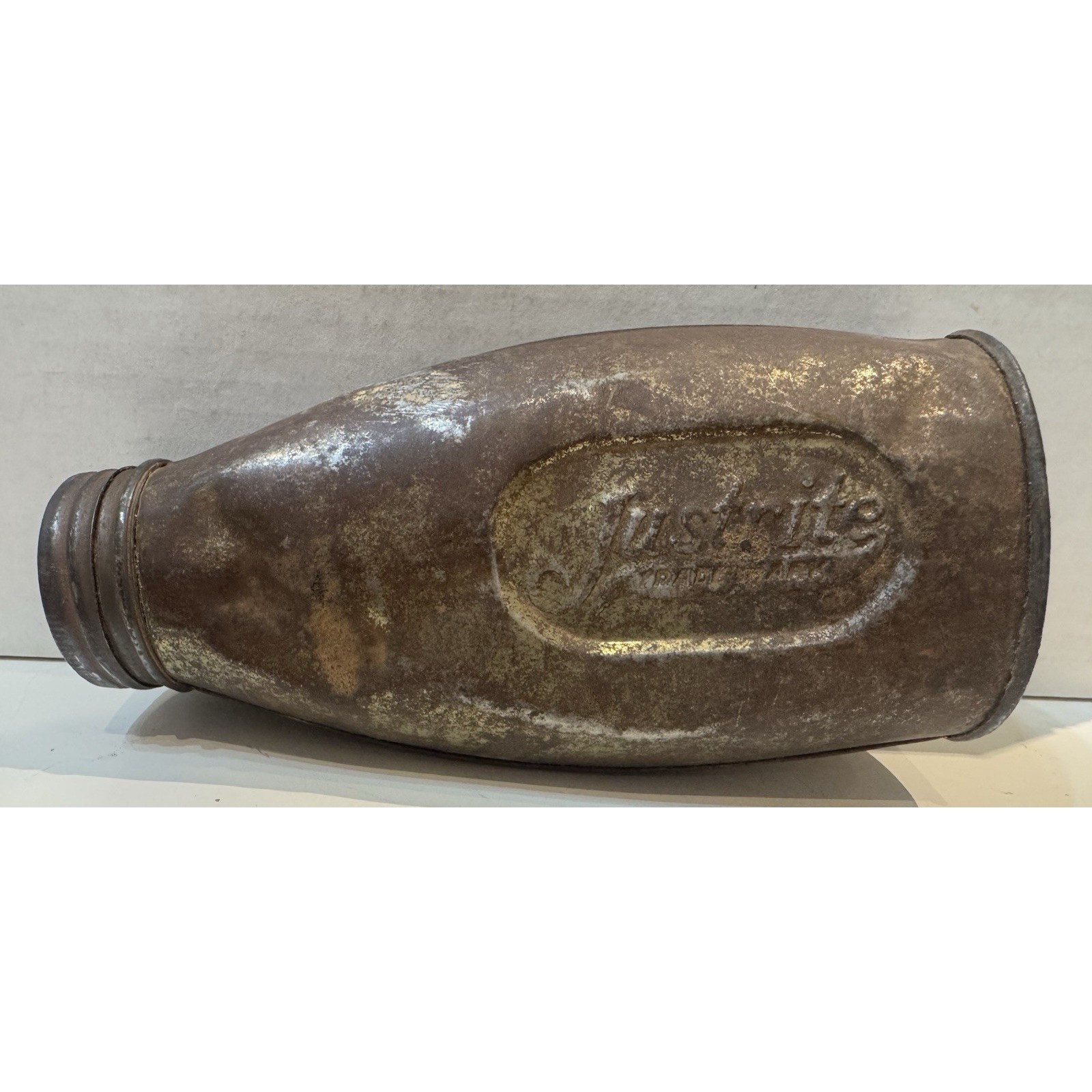Justrite Carbide Miner Lamp Flask Vintage Early Antique Tin Bent Trademark USA