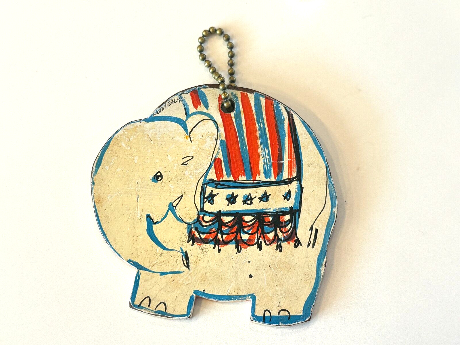 Vintage Folk Art Handmade Political GOP Republican Elephant Wooden Key Chain