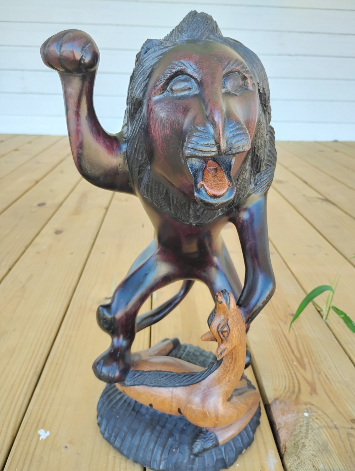 Vintage Hand Carved Wooden Sculpture Lion Prey 16" Tall Khaya Mahogany Two-tone Vintage Hand Carved Wooden Sculpture Lion Prey 16" Tall Khaya Mahogany Two-tone