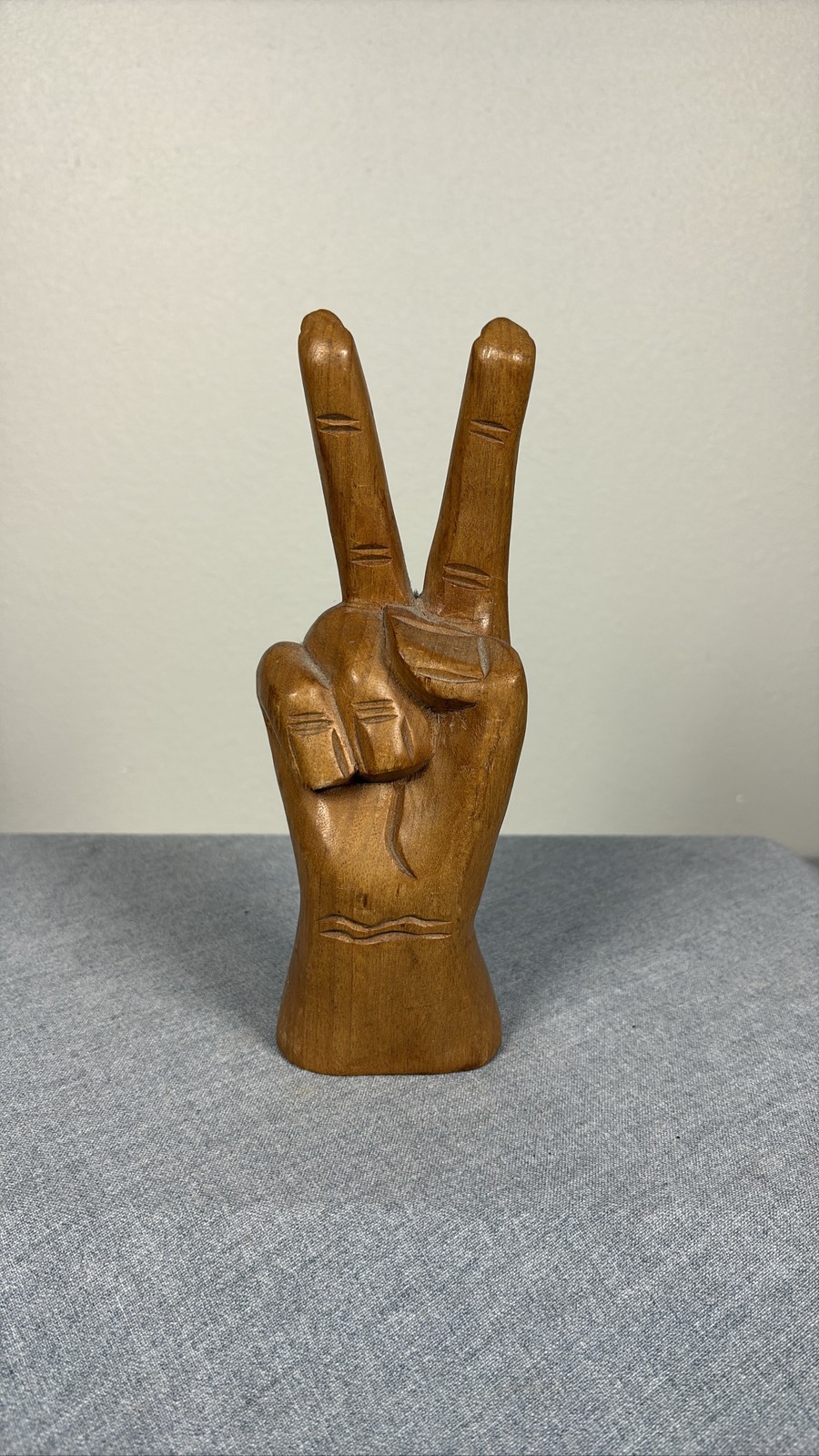Vintage Carved Wood Hand Peace Sign Fingers 1970s Style Sculpture Decor