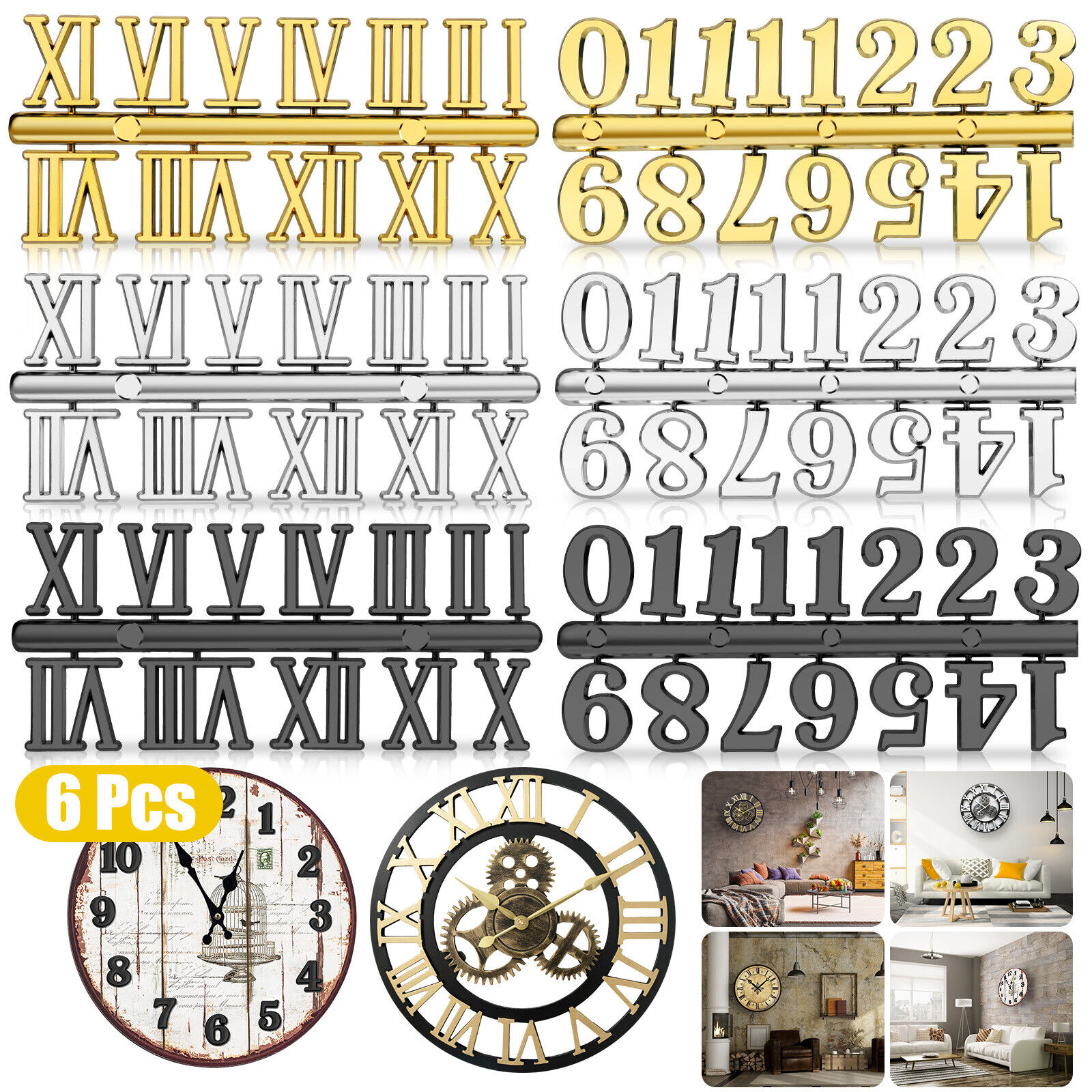 6Pcs Clock Numerals Kit DIY 3D Digital Arabic and Roman Number Decor Repair Tool