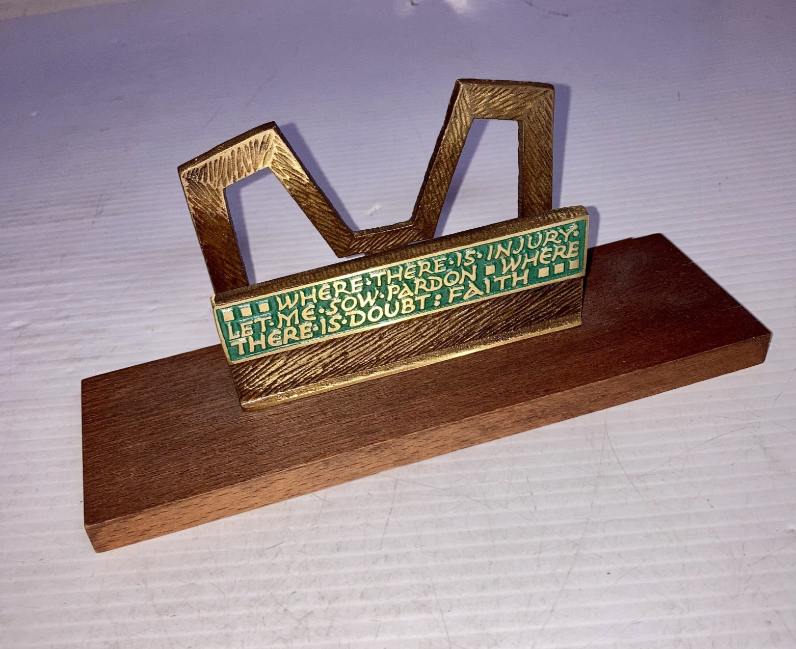 Vintage Terra Sancta Guild 1968 Enameled Brass Letter Holder On Wood Base Vintage Terra Sancta Guild 1968 Enameled Brass Letter Holder On Wood Base