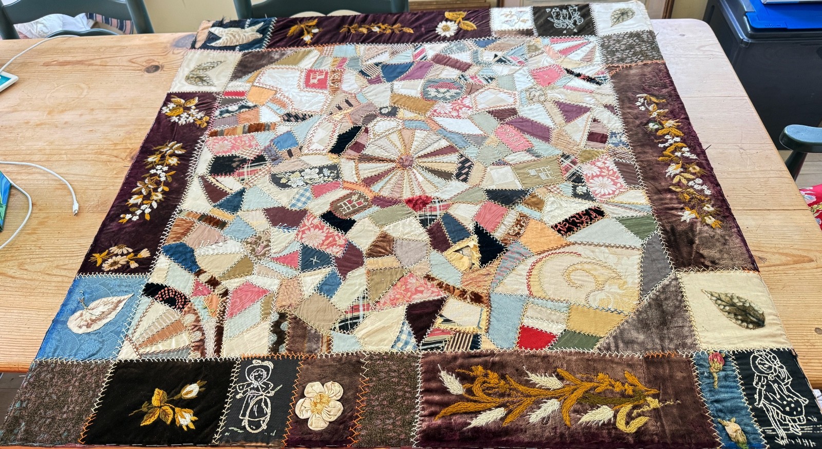 Antique Decorative 1886 Crazy Quilt in Velvet and Silk w/ Fine Embroidery B205 Antique Decorative 1886 Crazy Quilt in Velvet and Silk w/ Fine Embroidery B205