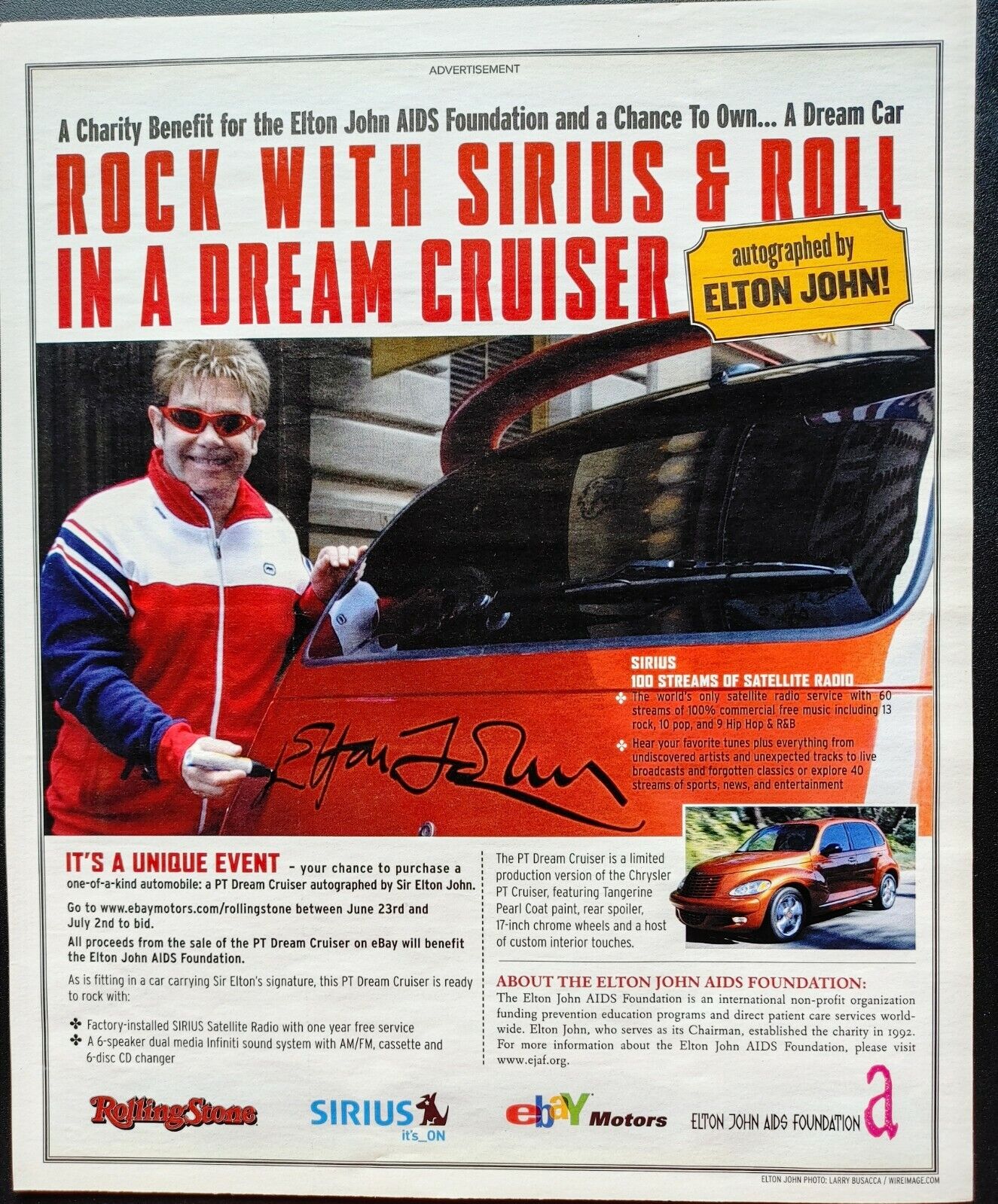ELTON JOHN AIDS FOUNDATION ROCK W SIRIUS IN A DREAM CRUISER 2003 AD