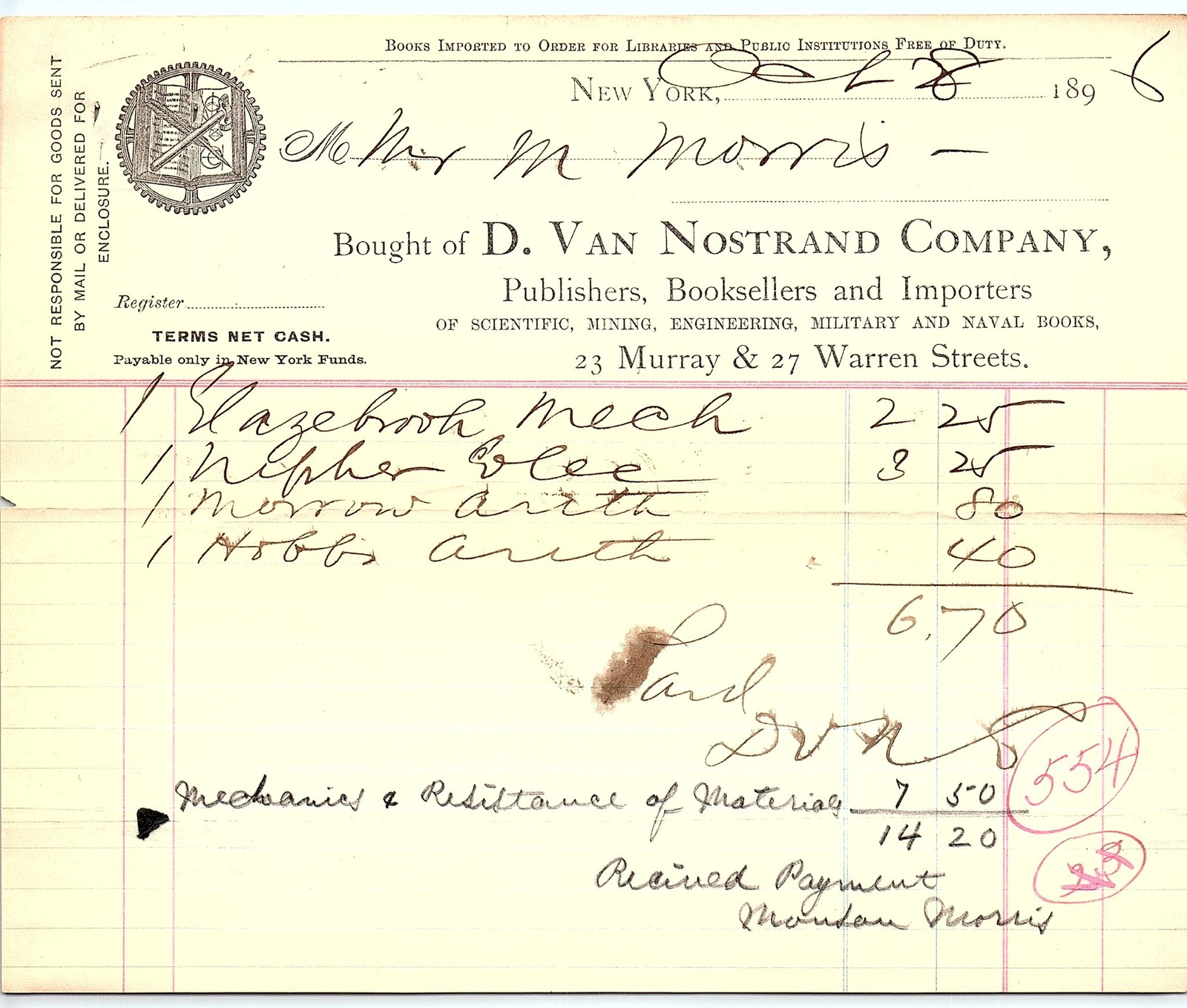 1896 D. Van Nostrand Co. NY book billhead, scientific books 1896 D. Van Nostrand Co. NY book billhead, scientific books
