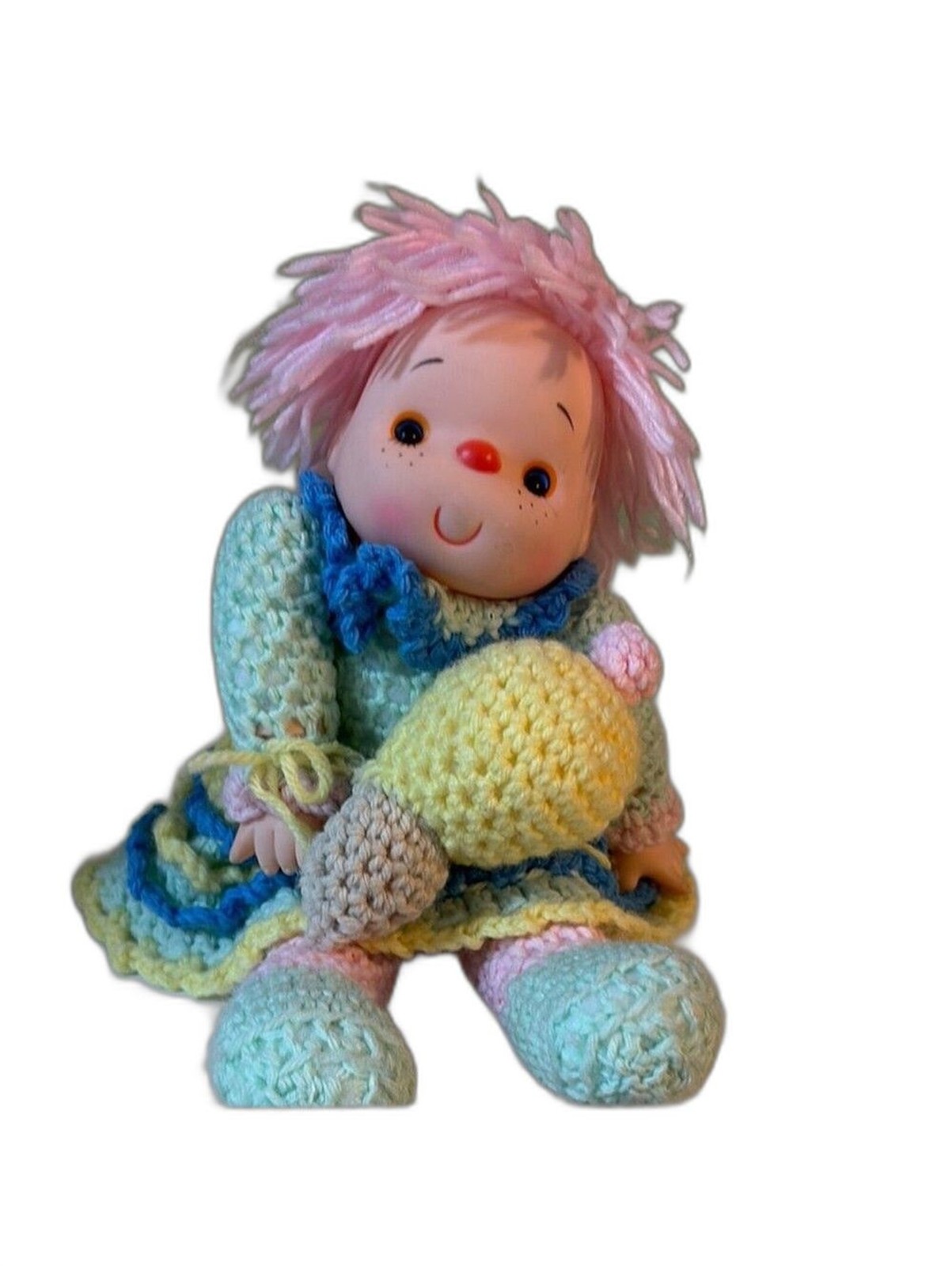 Vintage Adorable Pink and Blue Crochet Doll Vintage Adorable Pink and Blue Crochet Doll