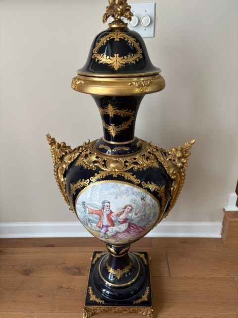 48" T. Limoges Cobalt Blue Hand Painted Porcelain Covered Urn Gilt Bronze 48" T. Limoges Cobalt Blue Hand Painted Porcelain Covered Urn Gilt Bronze