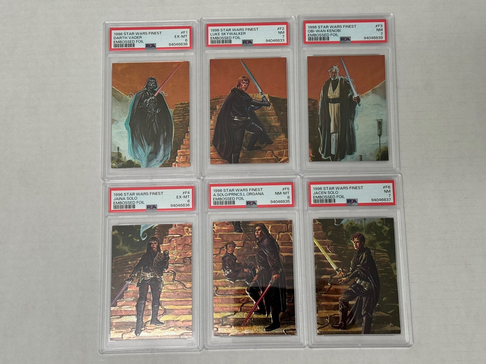 1996 TOPPS STAR WARS FINEST EMBOSSED FOIL COMPLETE 6 CARD SET #F1-F6 PSA GRADED 1996 TOPPS STAR WARS FINEST EMBOSSED FOIL COMPLETE 6 CARD SET #F1-F6 PSA GRADED