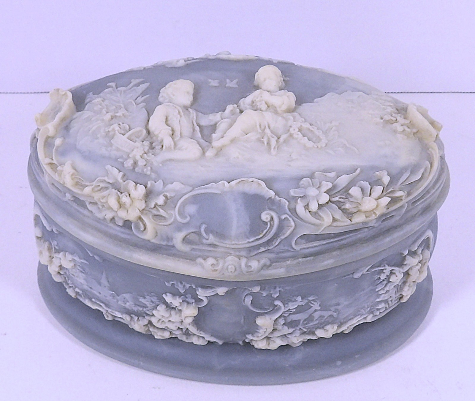 VINTAGE BLUE INCOLAY STONE JEWELRY BOX CHILDREN WEAVING FLOWER WREATHS