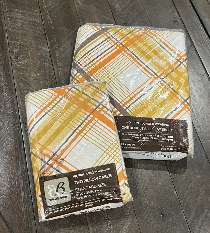 Vintage Bibb Double Flat Sheet 2 Pillow Cases Brown Gold Orange Geo Line MCM NOS Vintage Bibb Double Flat Sheet 2 Pillow Cases Brown Gold Orange Geo Line MCM NOS