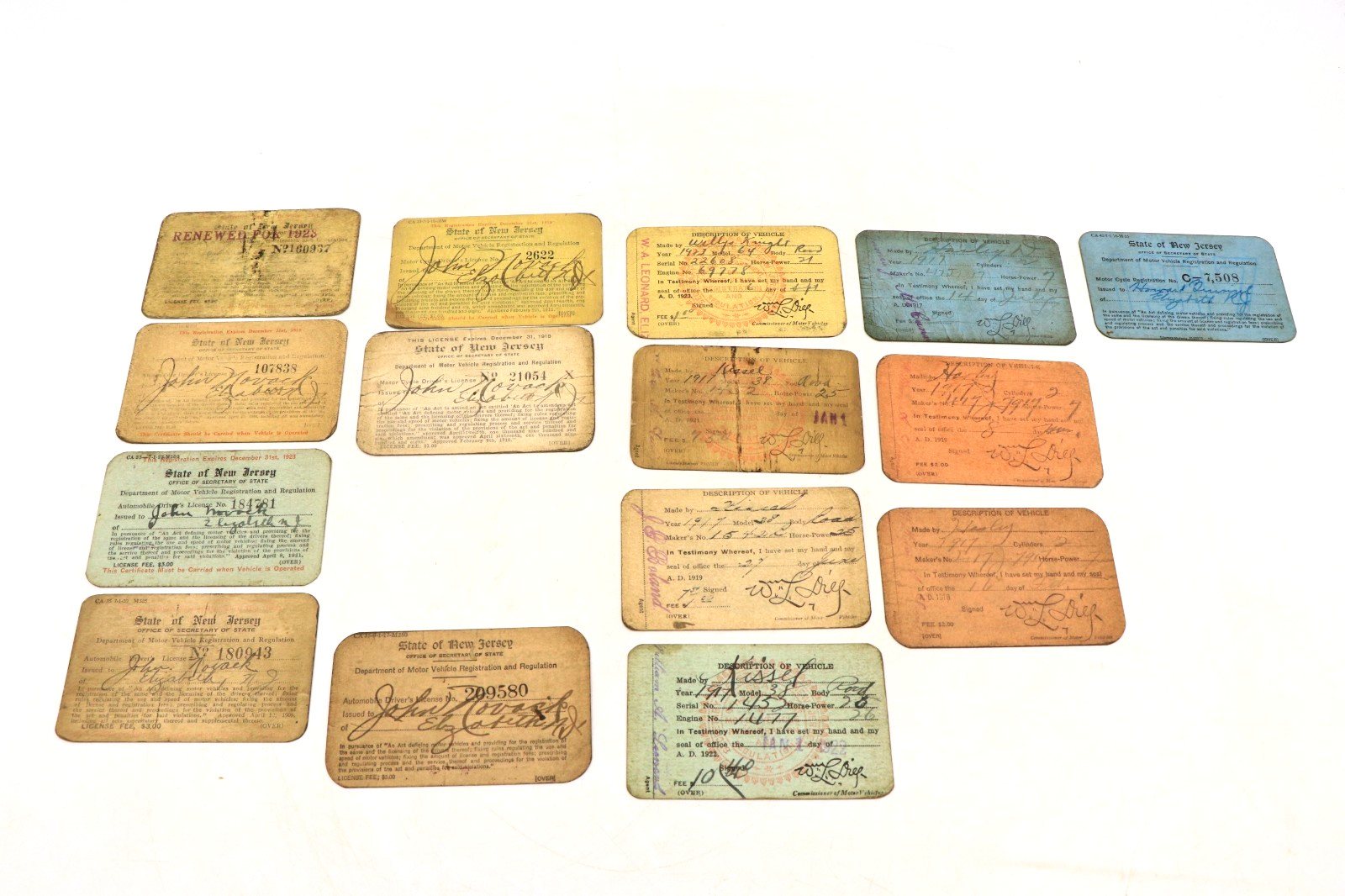 Lot Of Antique NJ License Reg Cards 1917 Harley Davidson J Willys Kissel 1 Owner Lot Of Antique NJ License Reg Cards 1917 Harley Davidson J Willys Kissel 1 Owner