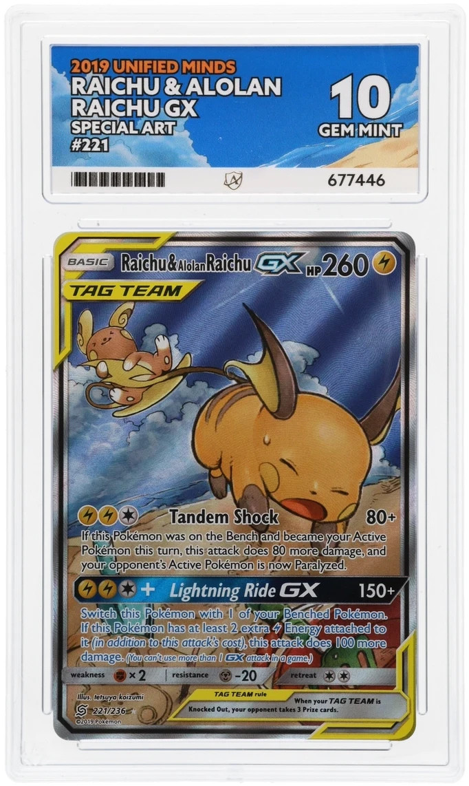 Pokemon TCG Raichu Alolan Raichu GX Card 221/236 Unified Minds ACE 10 Pokemon TCG Raichu Alolan Raichu GX Card 221/236 Unified Minds ACE 10